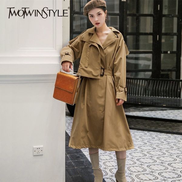 

twotwinstyle irregular trench for women solid slim long sleeve lace up women's windbreaker coat female spring autumn fashion new, Tan;black