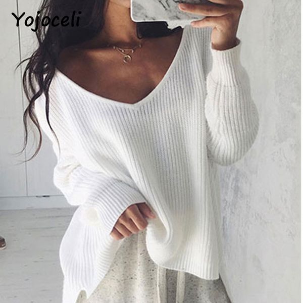 

yojoceli 2018 warm long sleeve casual knit sweater v neck lazy style sweater jumpers asymmetrical knit pullovers, White;black