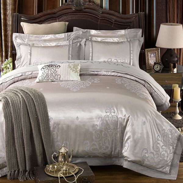 

silver color luxury jacquard bedding set stain coon fabric bed set 4/6pcs king quee size bedsheet set duvet cover pillowcases