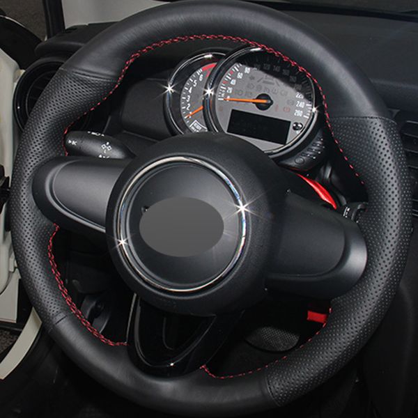 

black leather hand-stitched car steering wheel cover for bmw mini coupe 2016
