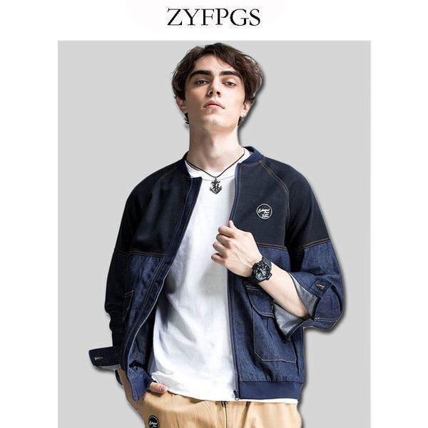 

zyfpgs new jackets man loose jackets for men autumn patchwork men's pilot jacket zipper cotton fashion casual denim coats 87, Black;brown