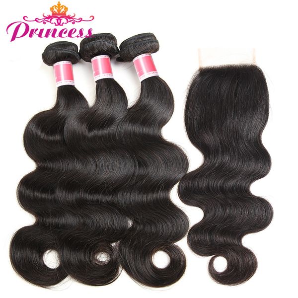 

beautiful princess hair 3 bundles brazilian body wave with lace closure 4*4 part human hair bundles with closure non-remy, Black;brown