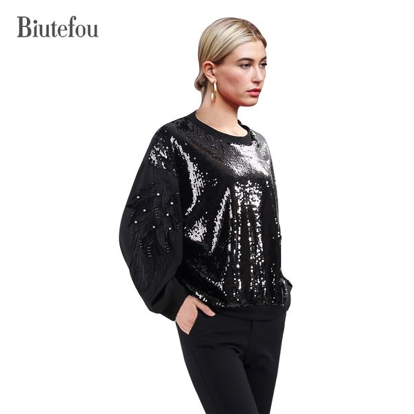 

2018 spring fashion embroidery patch designs sweatshirts new arrival women sequined beading sweatshirts, Black