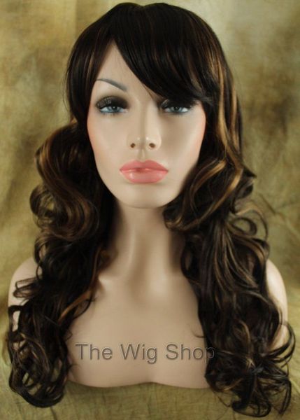

curly brown4 strawberry blonde 27 mix highlights wig skin bangs kanekalon js, Black;brown