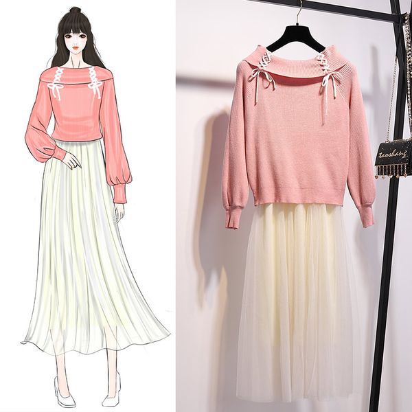 

2019 autumn winter women knitted long sleeves + sleeveless mesh dress 2 pcs sets beautiful suits a563, White