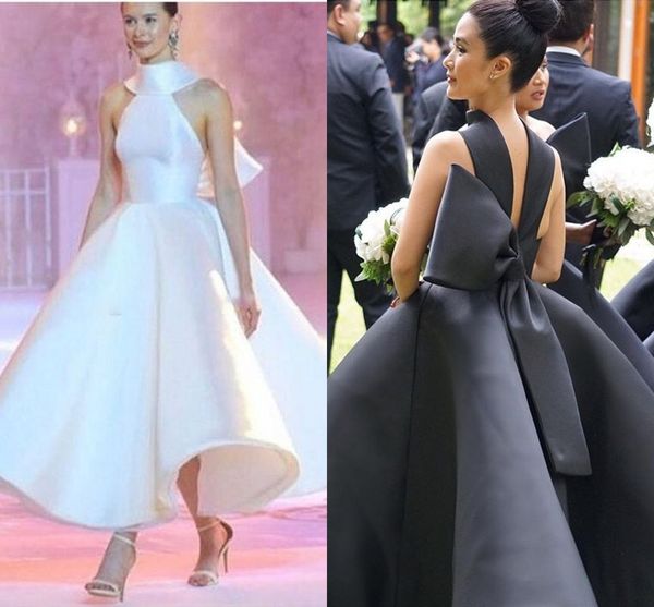 

2019 latest runway evening dresses halter high neck backless big bow ankle length satin white black prom party red carpet gowns vestidos, Black;red