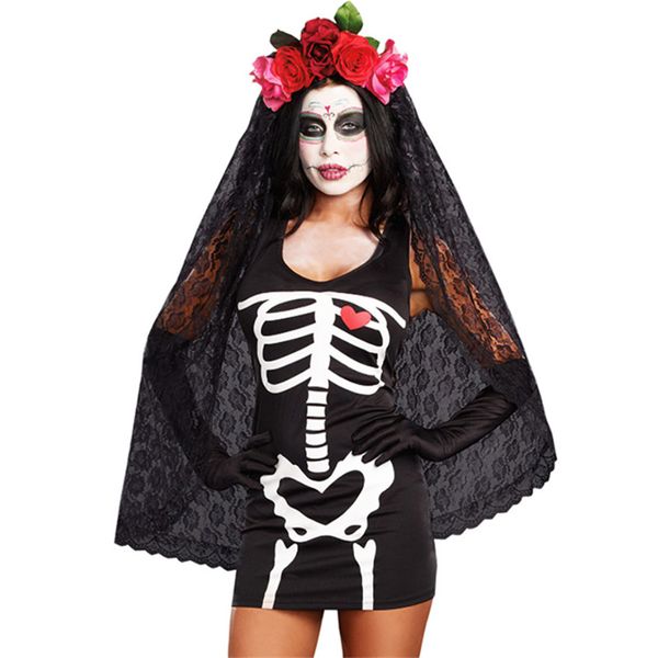 

new halloween black gothic skull ghost bride dress scary skeleton corpse bride cosplay day of the dead masquerade clothing, Black;red