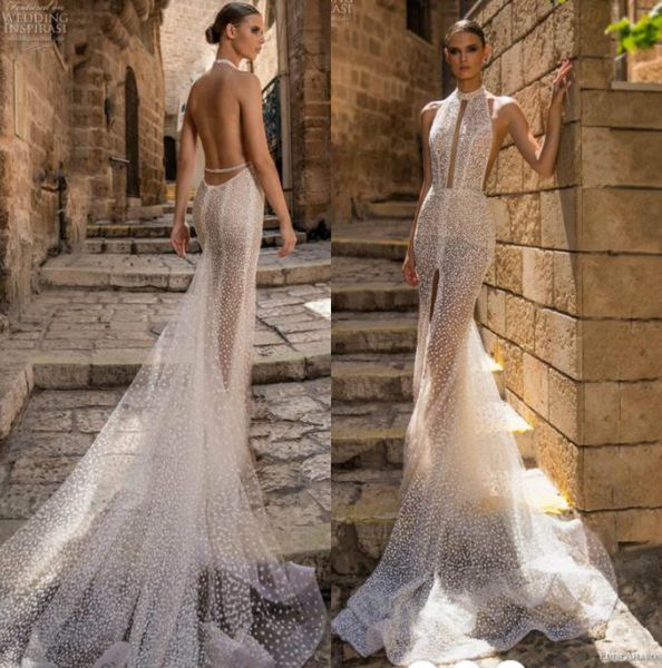 Eden Aharon 2019 Sereia Vestidos De Noiva Halter Dot Lace Vestidos Noiva Backless Beach Boho Plus Size Ver através do vestido de noiva