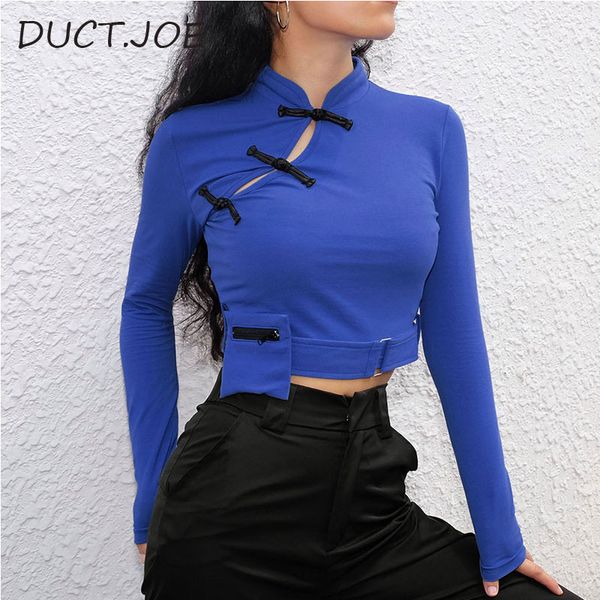 

ductjoe new chinese vintage t shirt women crop cotton long sleeve shirt fashion fitness blue slim t for women clothing, White