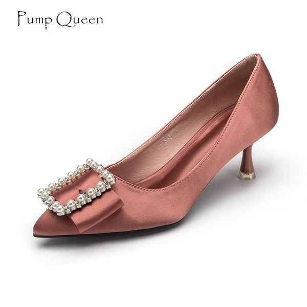 Acheter PumpQueen Femmes Pompes 5cm Talons Tendance Chaussures Femme Perles Décoration Élégante Satin Dames Chaussures Pointu Toe Sapato Feminino De