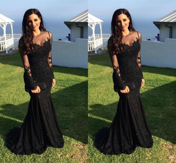 

2018 Sexy Arabic Jewel Шеи Кружева Аппликации Русалка Вечерние Платья Кристалл Бисера Черн
