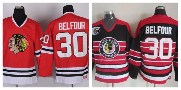 

ccm chicago blackhawks hockey #30 ed belfour jersey home red vintage 75th anniversary stitched quality, Black;red