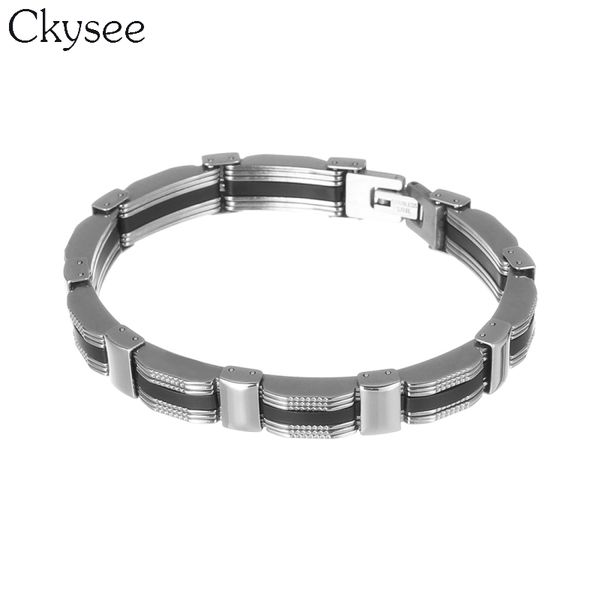 

ckysee 22cm long fashion mens jewelry titanium stainless steel chain bracelet & bangle black silicone wristband bracelets, Golden;silver
