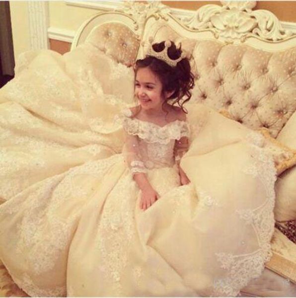 

Flower Girl Dresses for Weddings with Train Lace Ball Gown Little Girls Pageant Dress White Ivory First Communion Dresses for Girls