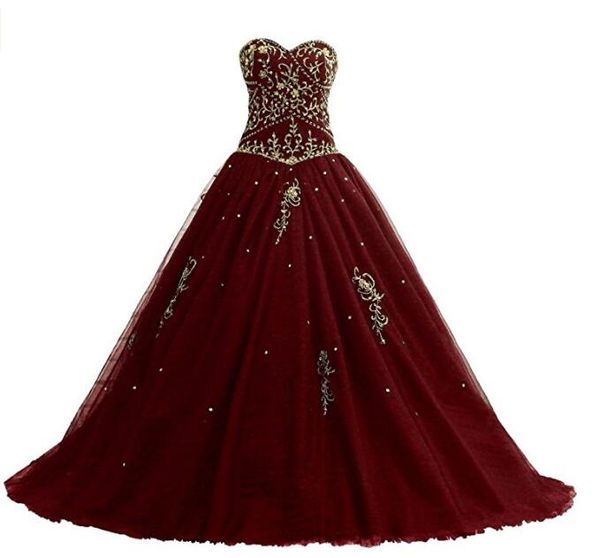 Novas Fotos Reais Borgonha Vermelho Ouro Princesa Vestidos de Noiva Querida Frisado Bordado Espartilho Voltar Vestido de Baile Vestidos de Noiva Couture