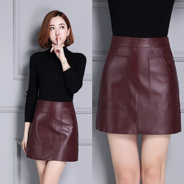 

women sheepskin slim high waist leather skirt, Black