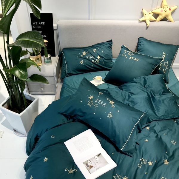 

100% egyptian cotton stars embroidery luxury bedding set 4pcs king  size green white bed set duvet cover bed sheet