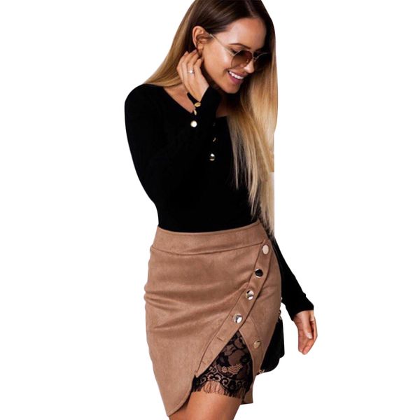 

new women leather skirt lace lining patchwork metal buckle split mini skirts fashion ladies high waist slim irregular skirt, Black