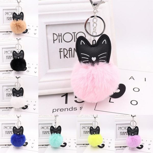 

cute pink bunny cat keychain pompom rabbit fur ball key chain pompon porte clef fluffy leather key ring, Silver