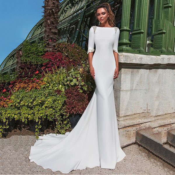 Elegantes Kleid aus Acetat-Satin, Bateau-Ausschnitt, offener Rücken, Meerjungfrau-Abendkleider, bezaubernde Halbarm-Abschlussballkleider mit Perlenverzierungen, formelle Abendkleider