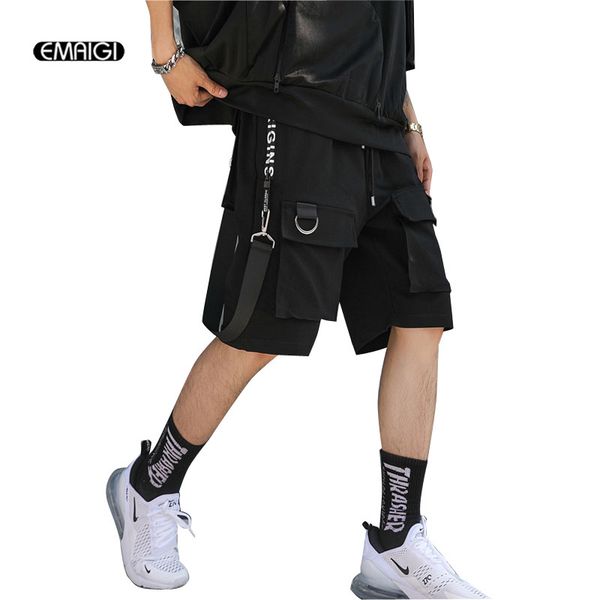 

men multi-pocket elastic waist design harem shorts street punk hip hop casual short trousers joggers male dancing shorts, Black