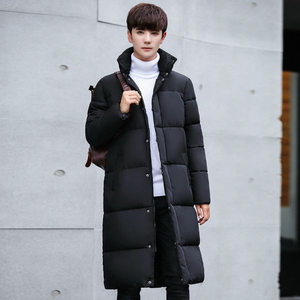 

casual single breasted mens warm long parka zipper stand winter long coat solid pockets oversize padded jacket, Black