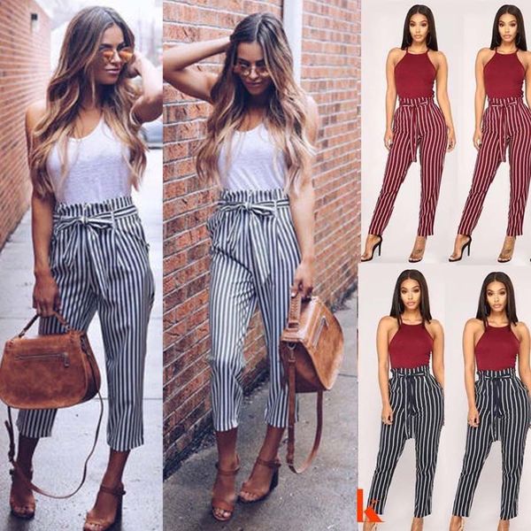 

Fashion Women Casual Long Pants Striped Bow Tie Drawstring Sweet Elastic Waist Pockets Trousers