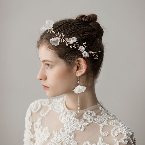 Bridal Headbands Earrings Set With Pearls Chiffon Flowers Women