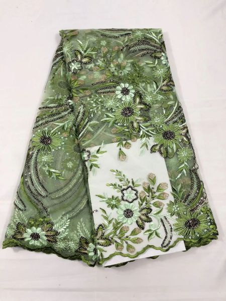 5 yards / lot Sequins ile Güzel Yeşil Fransız Net Dantel Kumaş Nakış Elbise Için Nakış Afrika Mesh Malzeme QN70-1