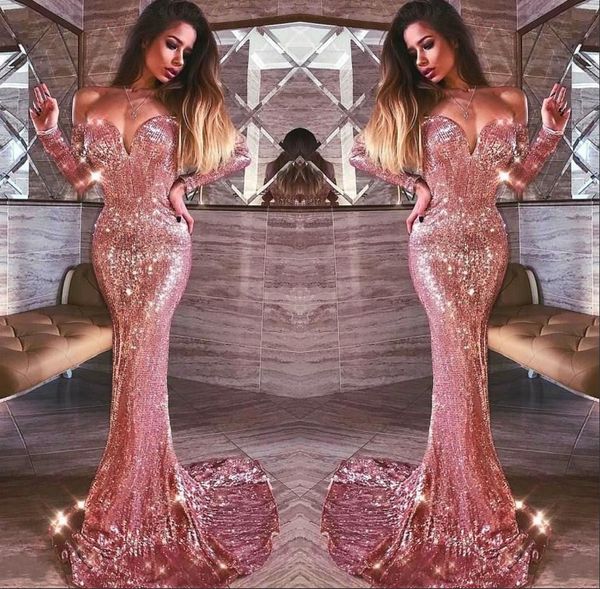 

rose gold sequined mermaid prom dresses off shoulder long sleeves evening dress zipper back custom made cocktail party gowns, Black
