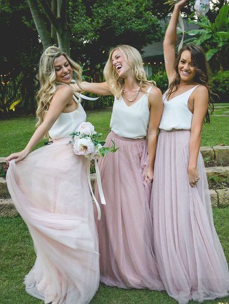 

2020 long tulle skirt bridesmaid dresses floor length a-line prom party skirt maid of honor dresses, White;pink