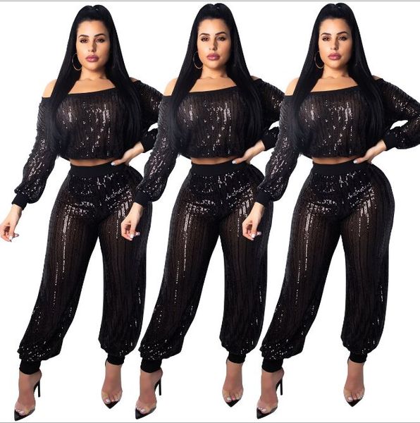 

women's sparkle glam solid sequin off shoulder long sleeve casual two piece outfits, White
