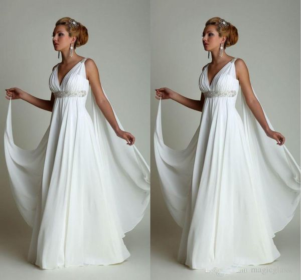 

Greek Style Wedding Dresses with Watteau Train 2019 Sexy V-neck Long Chiffon Grecian Beach Maternity Wedding Gowns Grecian Cheap