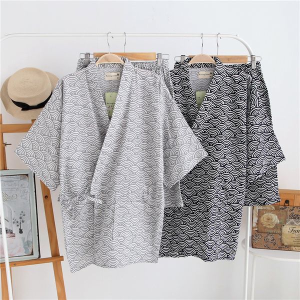 

100% cotton gauze short sleeve shorts pajamas for women pijama mujer japanese kimono couple pyjamas v-neck home men pajama set, Blue;gray