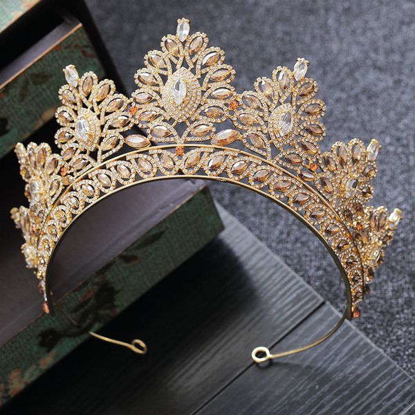 

champagne rhinestone baroque bride crown korean head jewelry wedding hair accessories gold crystal pageant tiaras queen crown, Golden;white
