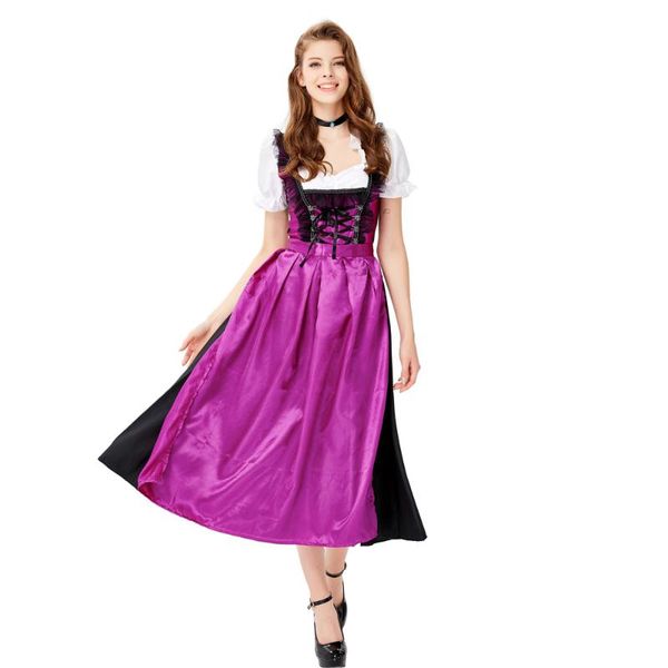 

women halloween oktoberfest costume bavaria beer festival purple black long lacing up dress for female, Silver