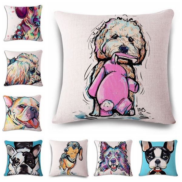 

watercolor dog inbetweening hand cotton flax pillow back cushion