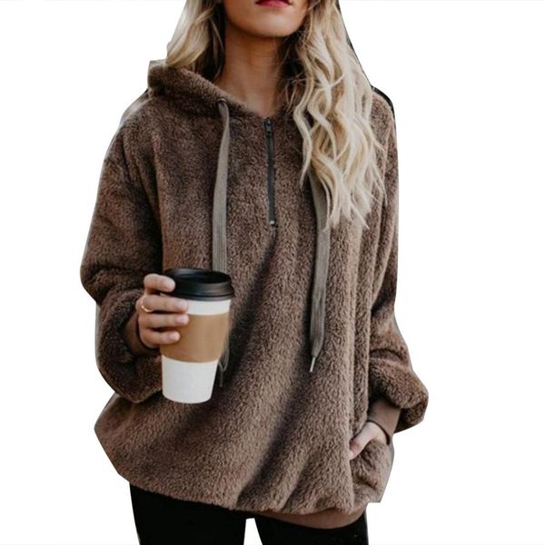 

plus size winter solid color 1/4 zip up fluffy hoodies women hooded sweatshirt women's autumn and winter casual warm jacket, Black
