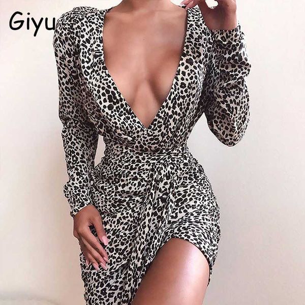 

giyu club party dress women vintage leapard print dresses long sleeve ruch bodycon mini vestidos v neck tunic robe femme, Black;gray