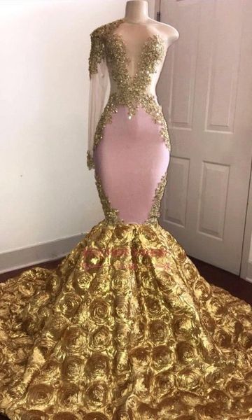 

african pink mermaid prom dress 2019 gold appliqued evening formal party gown pageant dresses long sweep train custom made, Black