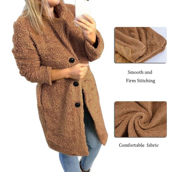 

ffit women's plush coat autumn winter women button jacket casual warm turndown collar fur outwears mid-length woolen jackets, Black