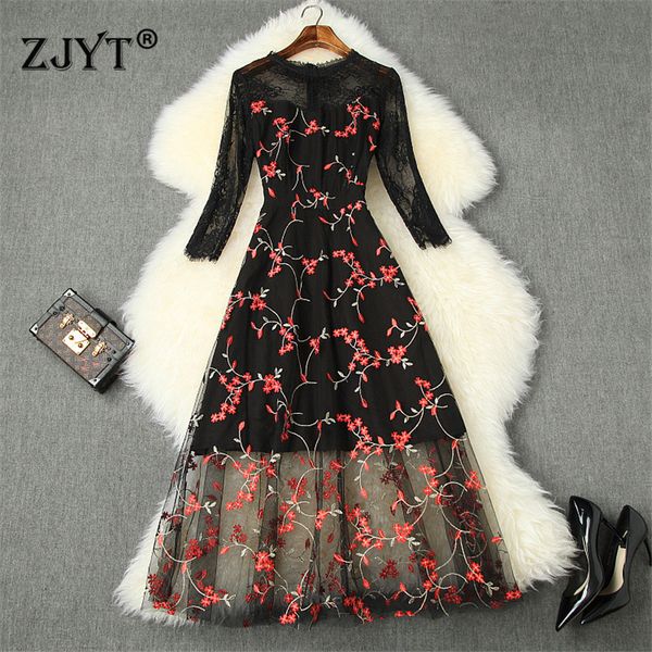 

runway dress 2020 spring new fashion women floral embroidery lace patchwork transparent midi black party dress, Black;gray