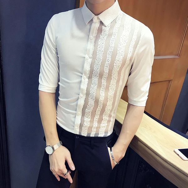 

мода 2020 лето половина рукав рубашка мужчины sexy полая мужская slim fit рубашка повседневной all match perspective club смокинг платье 3xl, White;black