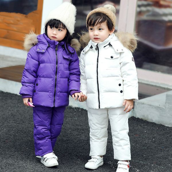 

winter warm baby girl's clothing sets girl ski suits children's outdoor clothes fur duck down coats jackets+trousers/jumpsuit, White