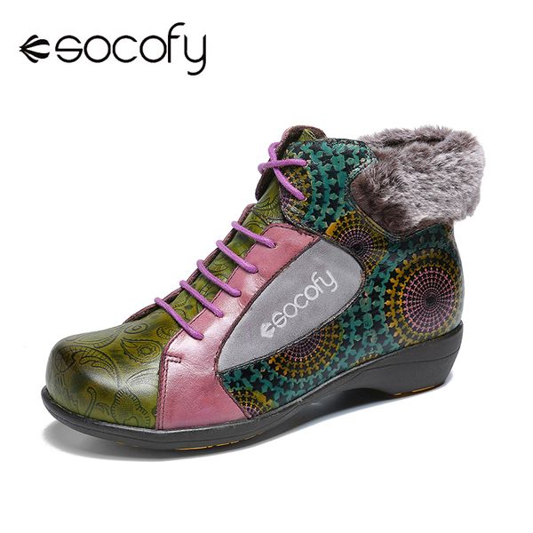 

socofy boots printing stars genuine leather flat plush ankle boots for women elegant shoes women shoes botas mujer 2020, Black