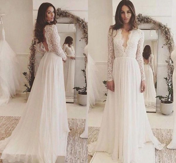 

boho wedding dress 2020 long sleeve lace appliques chiffon wedding gown summer beach bride dress robe mariage, White