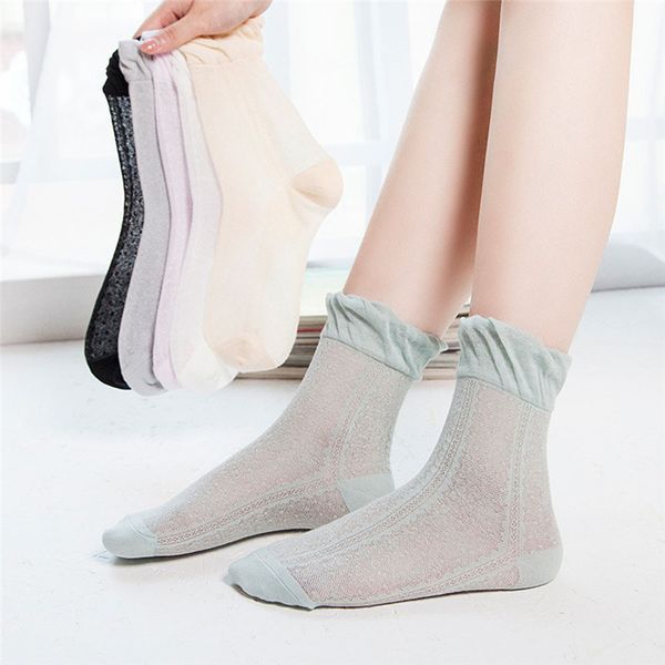 

1 pair summer solid color ice silk ultra-thin mesh lace women socks soft comfy cotton sweat-absorbent ladies sock ing, Black;white