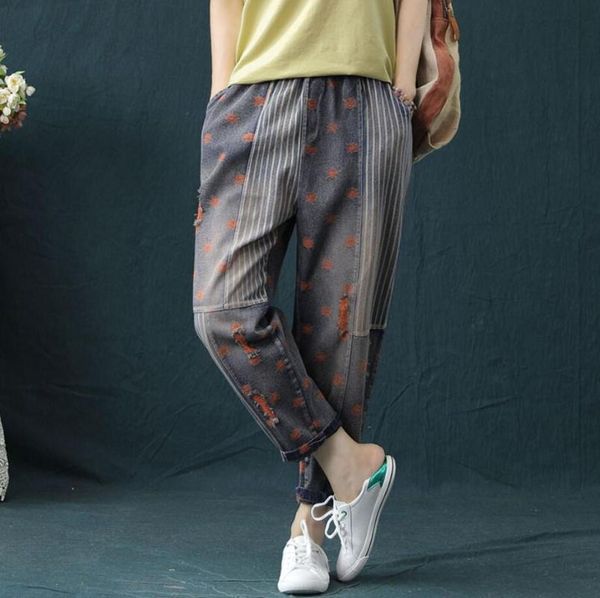 

винтажная вышивка джинсы женщины bf ripped hole шаровары женский эластичный пояс полосатые денима джинсы vaqueros mujer r175, Blue