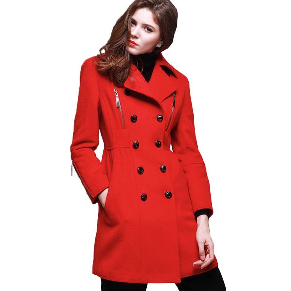 

wool coat women winter long slim 2018 fashion doulbe breasted trench coat lady work wear red jacket manteau femme hiver lx2564, Black
