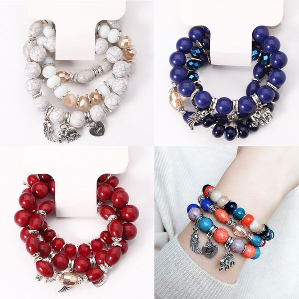 

3 pcs/set marble bracelet women elephant wings love heart pattern pendant sizzling rosary energy elastic rope bangles, Black